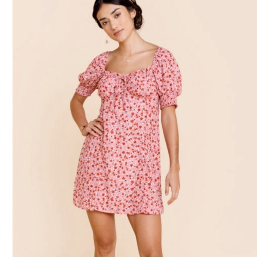 Trixxi Pink Ditsy Print Puff Sleeve Square Neck Dress Size Small NWT